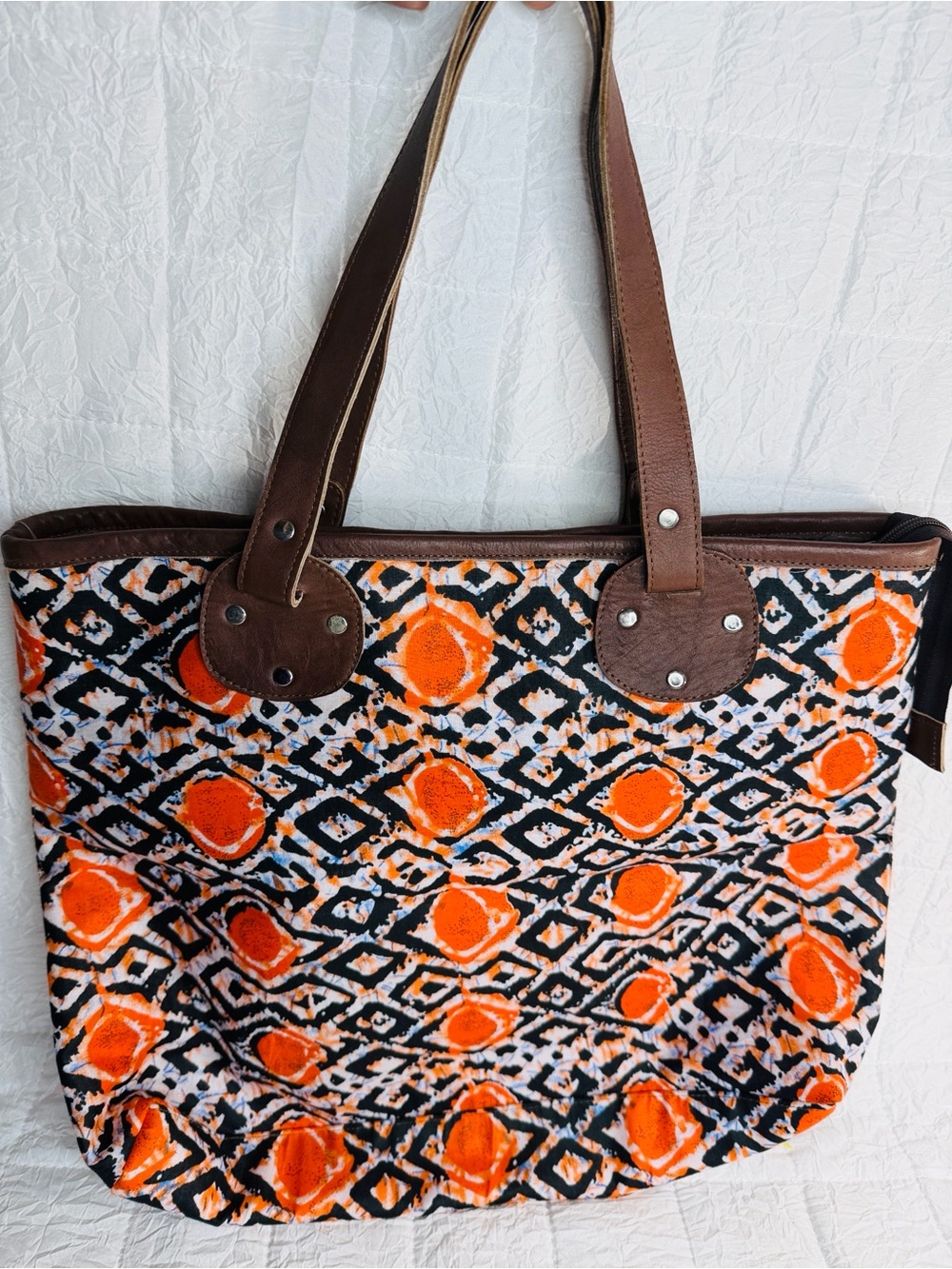 Patterned Orange & Black Tote with Brown Handles
